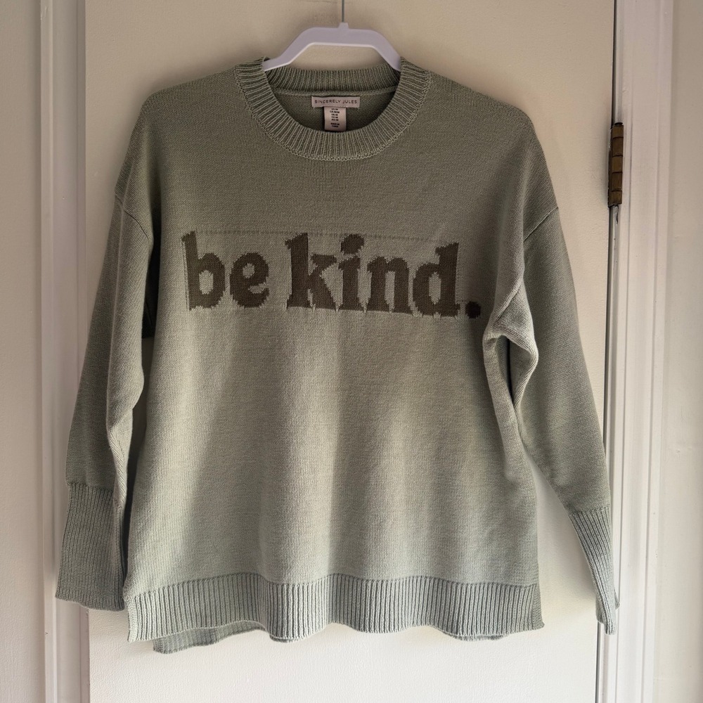 Sincerely Jules Be Kind Crewneck Sweater Light Green Knit Pullover Medium - Picture 1 of 9